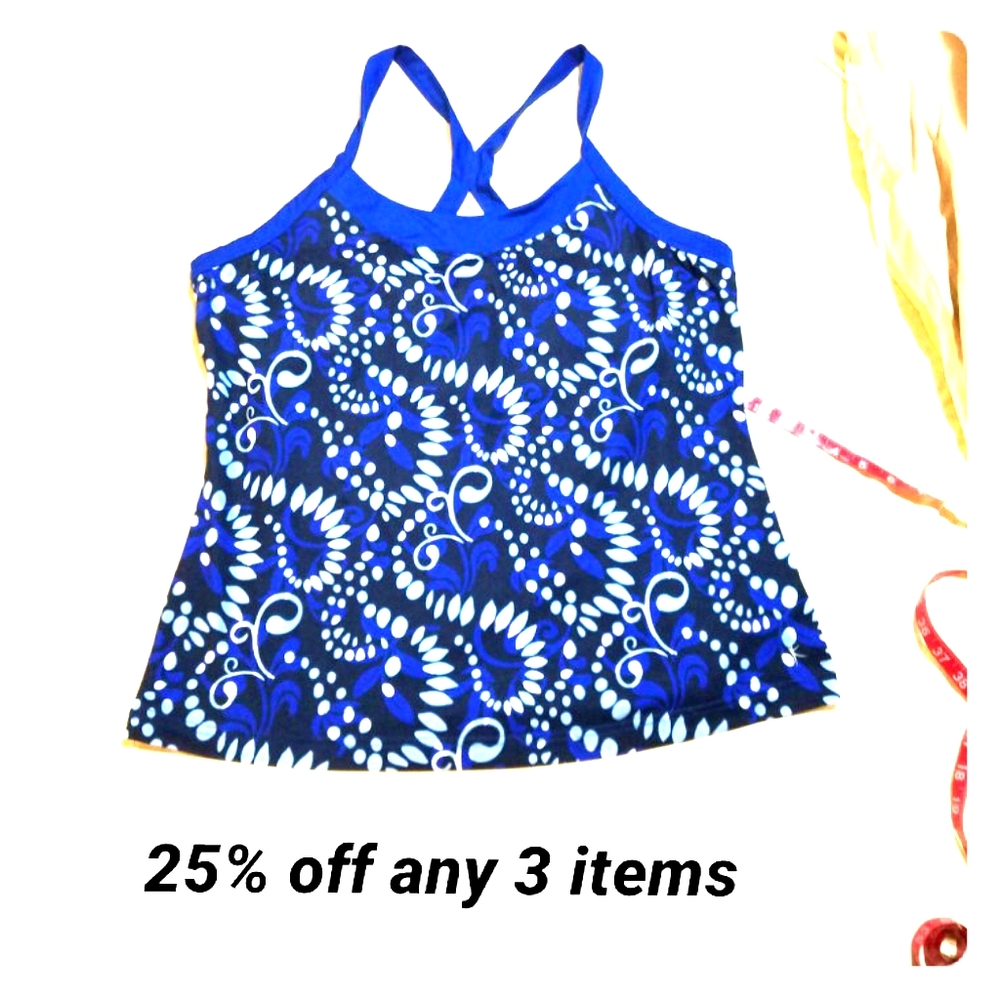 Danskin Yoga Tank Top Blue Paisley Swirl Loungewear Workout Graphic Print Halter